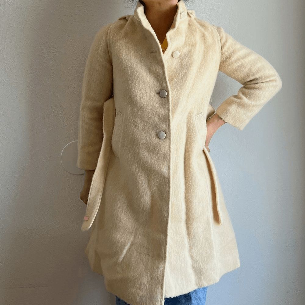 vtg 60s beige wool coat XXS girls 14/16 swing car coat hood made in Italy belted - Picture 7 of 12